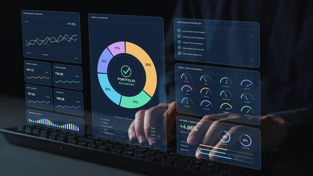 AI specialist works at a keyboard. Equities, bonds, cash and alternative investments form a portfolio mix, while performance and liquidity indicators provide context for evaluating allocation.