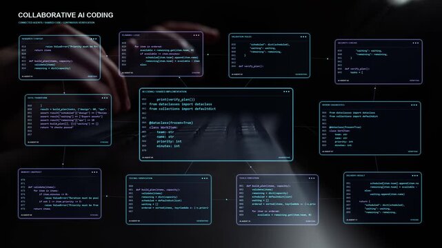 Typing continues. Specialized AI coding agents connect planning, security and testing with implementation, illustrating collaborative software development through shared orchestration.