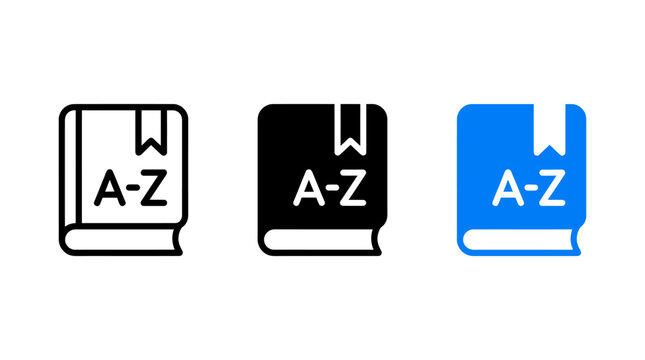 Dictionary icon design variants set with book and alphabet letter symbols