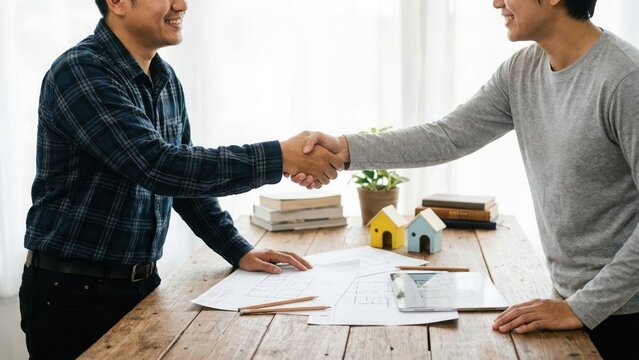 Two men shaking hands over a wooden table with architectural blueprints and small house models to finalize a successful real estate property deal