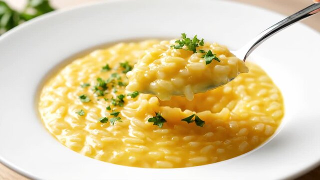 Close-up of yellow risotto with silver spoon and golden risotto in a white bowl