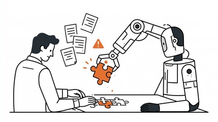 Fototapeta premium An office worker tries to put together a simple business puzzle as an AI robotic arm puts a piece in the wrong spot. Context cards float nearby.