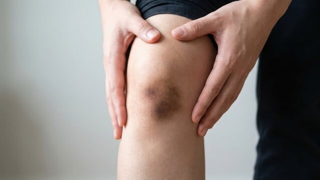 Close up view of a person holding their knee with a large dark bruise on the skin indicating a painful injury or impact trauma from a recent accident