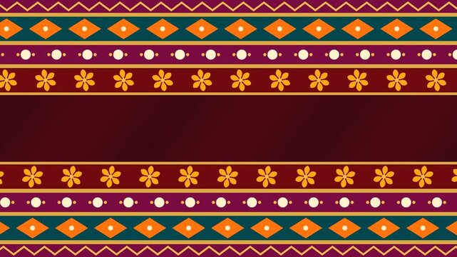 Indian textile border stripes with zigzag, diamond, dot and flower motifs scrolling at top and bottom, copy space center