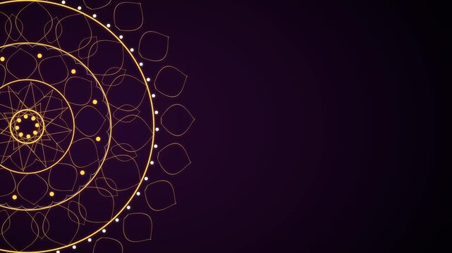 Gold line art half mandala slowly rotating at the left edge of a dark purple background with open copy space on the right