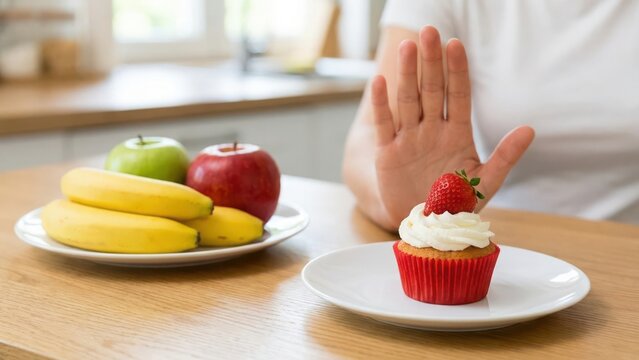 Person making a stop gesture with hand to refuse a sweet cupcake in favor of fresh healthy fruits like bananas and apples on a kitchen table