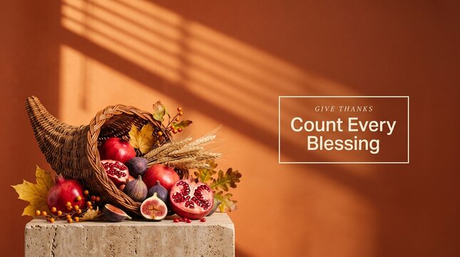 Autumn Thanksgiving cornucopia still life, harvest fruit display with pomegranates and figs, give thanks quote background