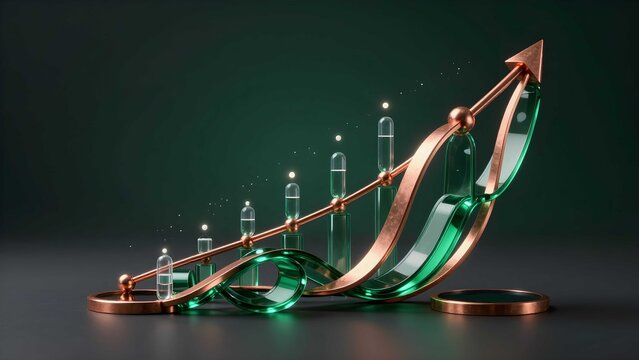A stylized 3D rendered graphic displaying a strong upward trend, featuring a rising copper arrow over seven green glass bar charts on a dark background