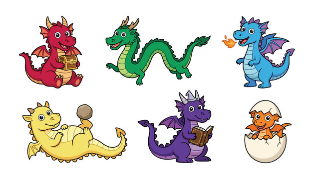 Cute Cartoon Baby Dragon Character Set Featuring Various Colorful Mythical Creatures and a Hatching Egg for Children Books and Game Designs