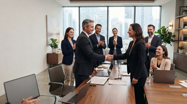 Corporate leaders shaking hands while diverse business team claps in applause in boardroom