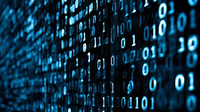 Abstract binary code stream flowing across a dark screen, representing digital information, technology, data security, and modern cyberspace concept