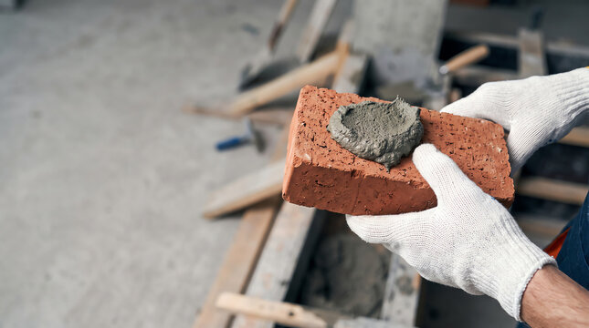 Close up of professional bricklayer hands wearing white gloves holding red clay brick with fresh cement mortar on blurred construction site background for masonry work.