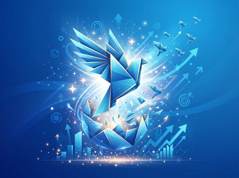 Business Success Inspiration and motivation concept as a birth or rebirth with a blue paper origami bird emerging as a symbol of creativity and metamorphosis and an icon of change and transformation.
