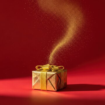 Small square gift wrapped in metallic gold paper with a glittery bow on a solid red background, featuring a magical trail of shimmering gold glitter rising and swirling upwards.