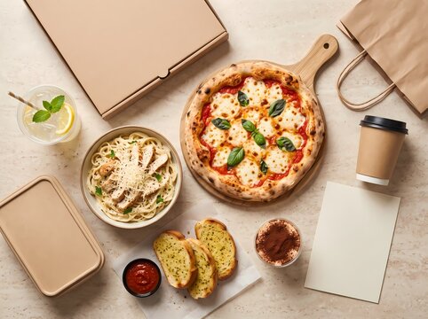 Delicious Takeaway Food Set with Pizza Pasta and Garlic Bread on Table