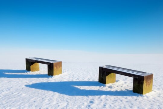 Two wooden benches on snow with long shadows under clear blue sky