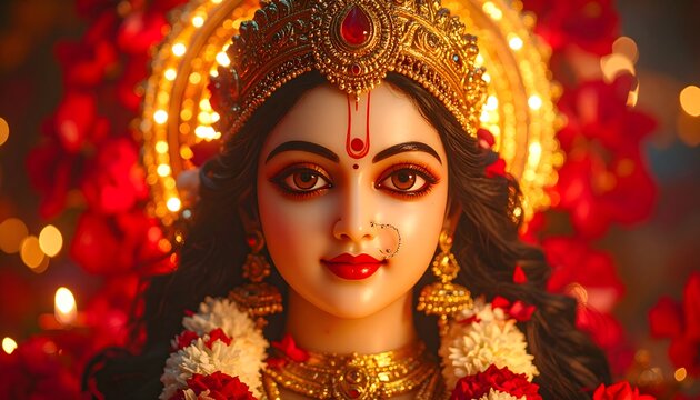Goddess Durga Close Up Portrait with Golden Crown and Red Bindi &ndash; Navratri Festival