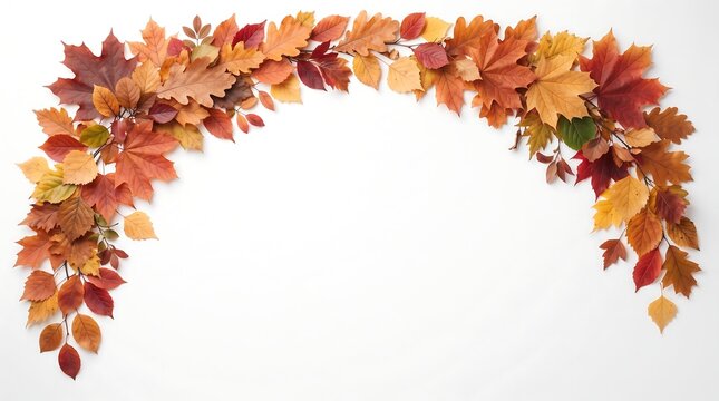 An arrangement of autumnal maple leaves forms a curved frame against a plain white background autumn foliage mapleleaf fall fallcolors