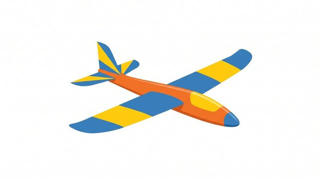Colorful toy glider airplane flying isolated on white background