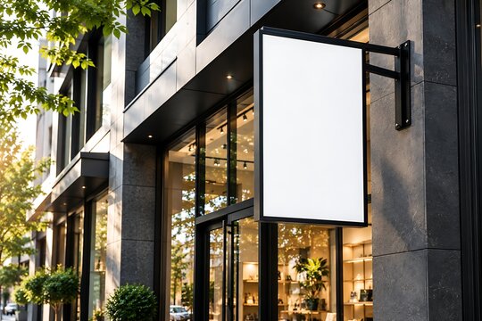 A rectangular blank sign hangs from a building facade illuminated by sunlight and positioned for storefront display advertisement architecture awning