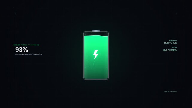 Smartphone battery indicator showing 93 charge level on a dark, futuristic background.