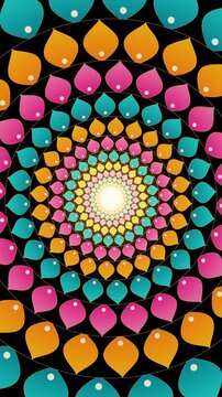 Portrait format endless kaleidoscope of colorful petals zooming into a bright center, vertical hypnotic reel background