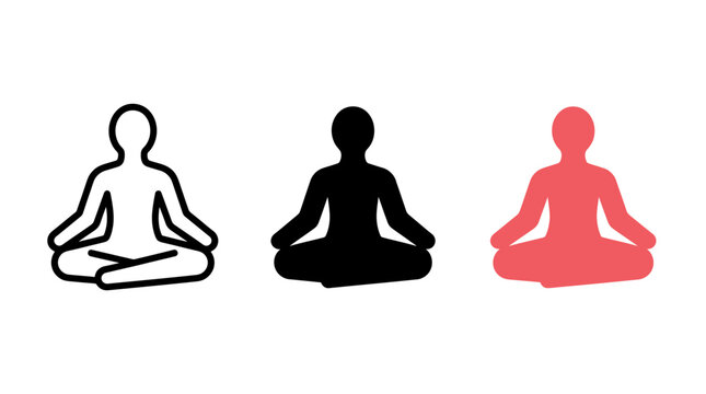 Person meditating in yoga lotus position icons in three styles
