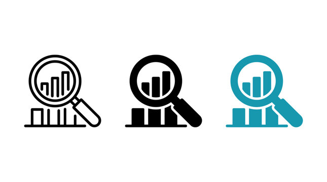 Bar graph data analysis inside a magnifying glass icon set with analysis