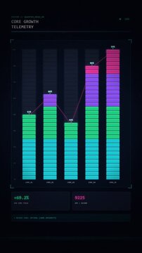 Futuristic digital dashboard displaying core growth telemetry data with stacked bar charts and line graphs.