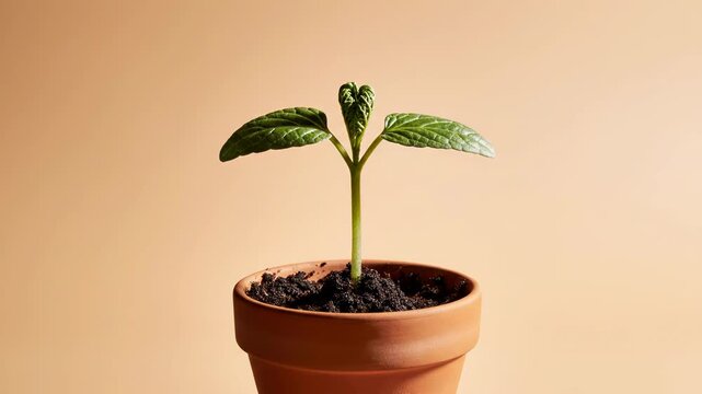 Small green seedling sprout with two textured leaves growing in a terracotta clay pot filled with dark soil, isolated on a minimalist beige background with ample negative space.