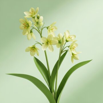 Pale yellow spring flowers with green stems and lanceolate leaves on a soft pastel green gradient background, botanical floral illustration for nature and seasonal background design.