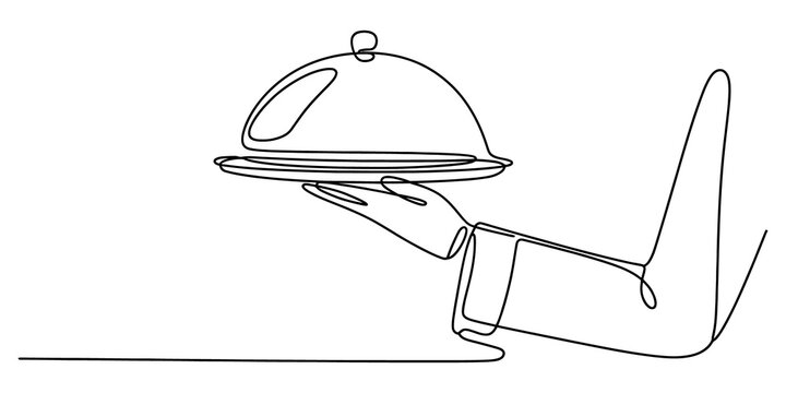 One line drawing of a hand holding a food serving tray with lid