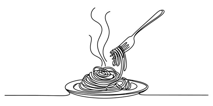 Continuous line drawing of hot spaghetti pasta on a plate with fork