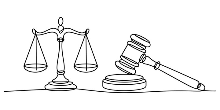 Continuous line drawing of a law scale and a wooden judge gavel