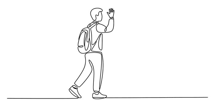 Continuous line drawing of a student walking and waving hello