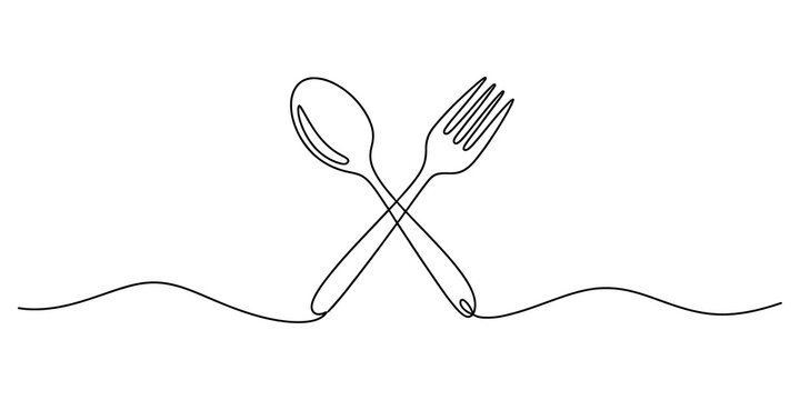 Continuous line drawing of a spoon and fork crossed together