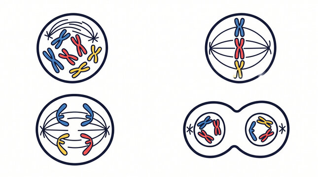 Four stages of cell division showing chromosomes in distinct biological processes