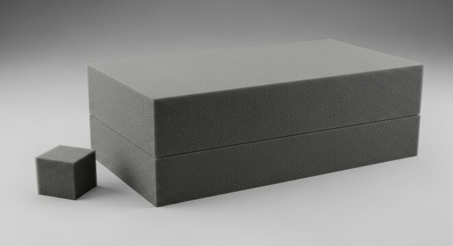 Grey polyurethane packaging foam block with a horizontal split and a separate small foam cube on a neutral studio background, illustrating industrial protective padding materials.