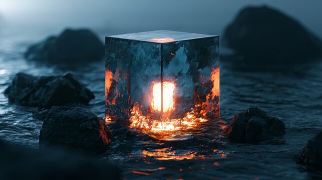Glowing cube of clear glass emits warm orange light suspended in dark blue water, evoking mystery, representing an abstract concept for digital design