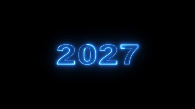 Neon new year 2027 text icon animation. glowing blue color number season digit celebrate banner event wishes party anniversary, on black background. 4k video