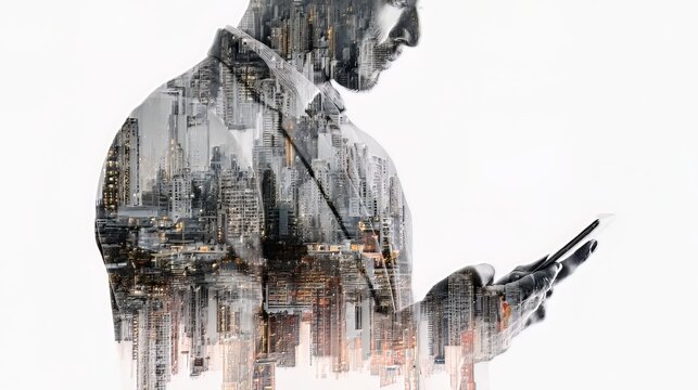 A thoughtful man gazes at a digital tablet, layered with an urban cityscape and bright, diffused light, suggesting innovation and modern business concepts