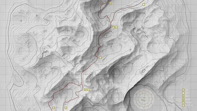 Topographic map with hiking route, compass and legend icons showing checkpoints