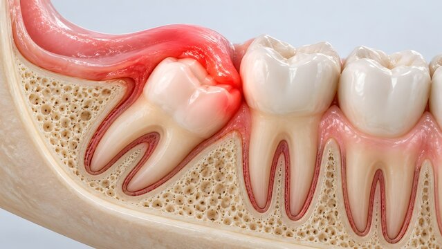 Cross section of human jawbone showing a wisdom tooth erupting and impacting adjacent molars with inflamed gum tissue dental anatomy illustration
