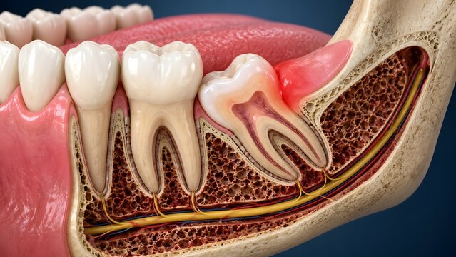 3D illustration of a human molar tooth impaction showing inflammation and pressure on adjacent teeth with detailed cross section of roots nerves and bone structure.