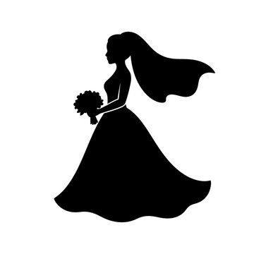 Wedding bride silhouette holding bouquet, black vector icon for invitations