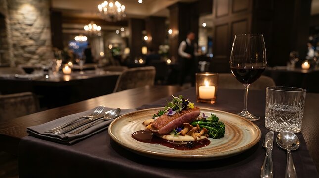 Gourmet grilled salmon fillet with saut&eacute;ed green vegetables and red wine on rustic restaurant table seafood dinner fish fillet fine dining saut ed greens culinary art evening meal food photogra