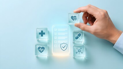 Obraz premium Hand Placing Transparent Cube With Medical Insurance Icon On Surface
