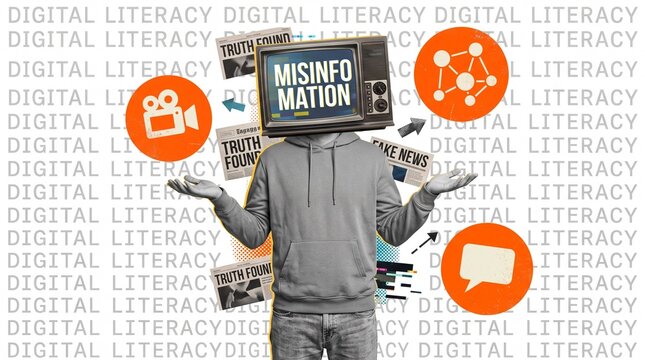 Misinformation and fake news concept with vintage television head shrugging on digital literacy background featuring newspaper headlines and communication icons for media awareness analysis