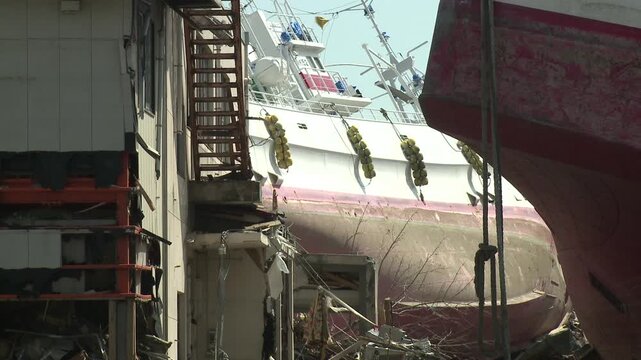 Large Ship Washed Ashore In Aftermath Of Tsunami In Japan