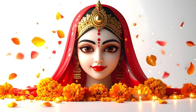 Goddess Durga Face with Marigold Flowers  Divine Navratri Festival Greeting Banner